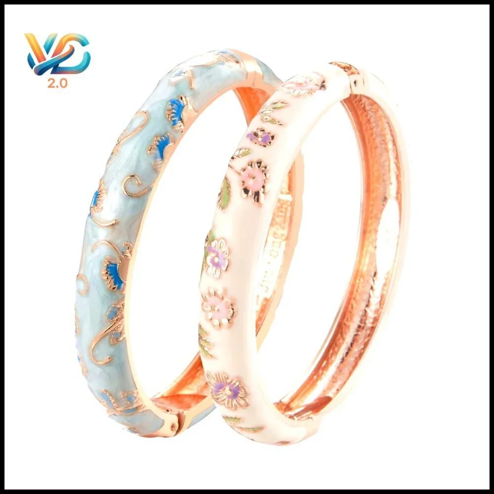 Vintage Cloisonne Cuff Bangles Enameled Flower Jewelry Elegant Retro Set